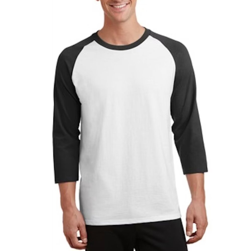 Port and Company Unisex 3/4 Sleeve Raglan. Black Sleeve/White Body. 2XL & 3XL.